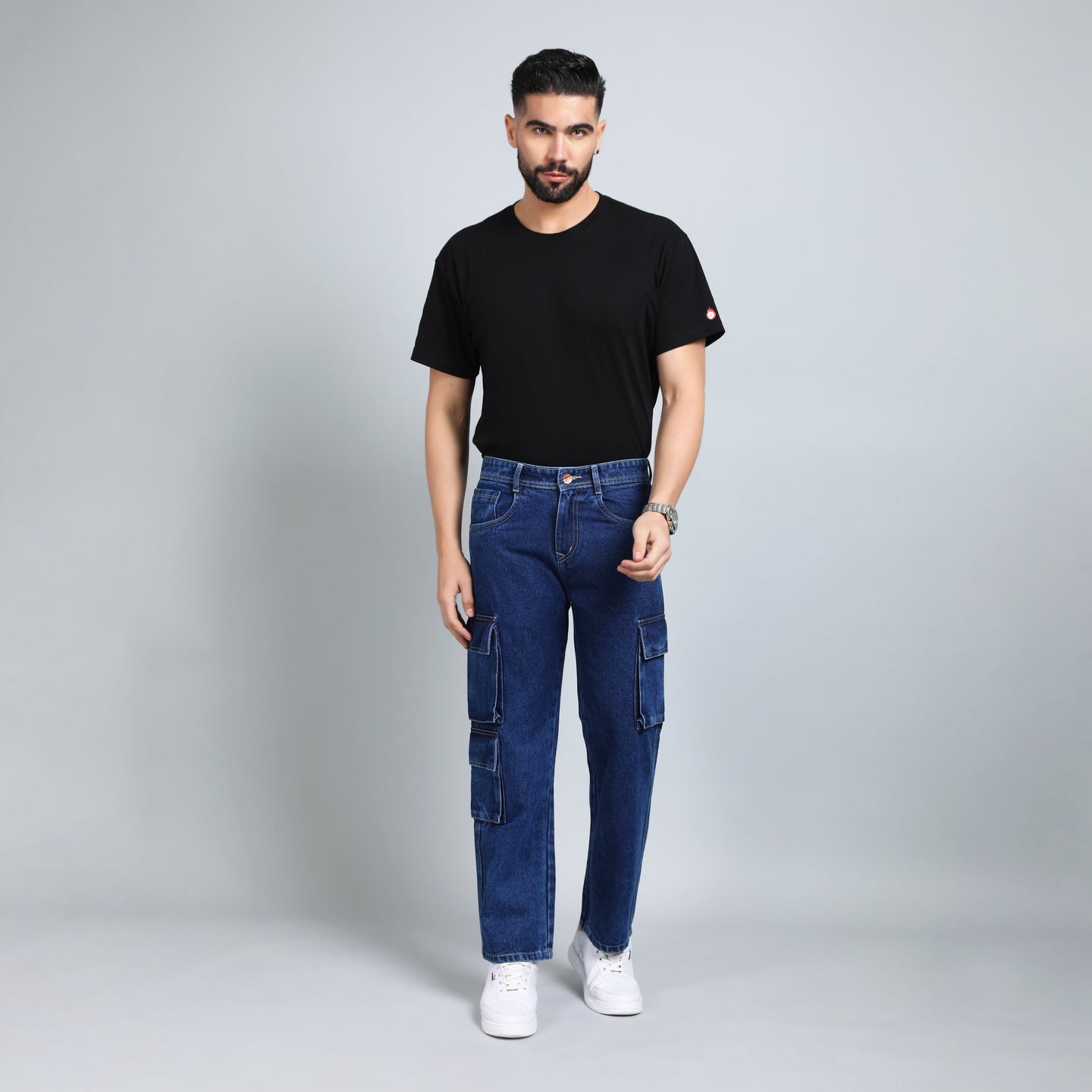 DARK BLUE BAGGY CARGO FIT JEANS 4639-1